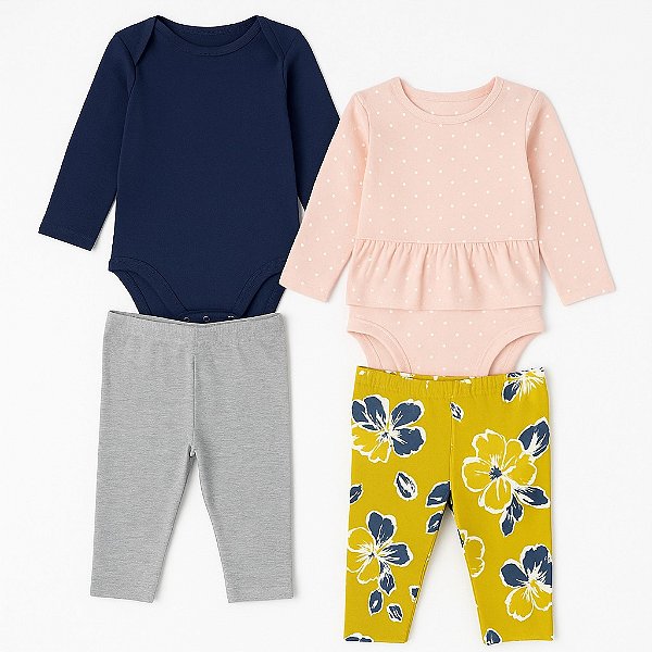 Conjunto 4 Peças Carter’s – Bodies Manga Longa + Calças Legging (Infantil)