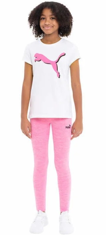 Conjunto Puma Infantil Feminino – Camiseta Branca Logo Rosa + Calça Legging Rosa