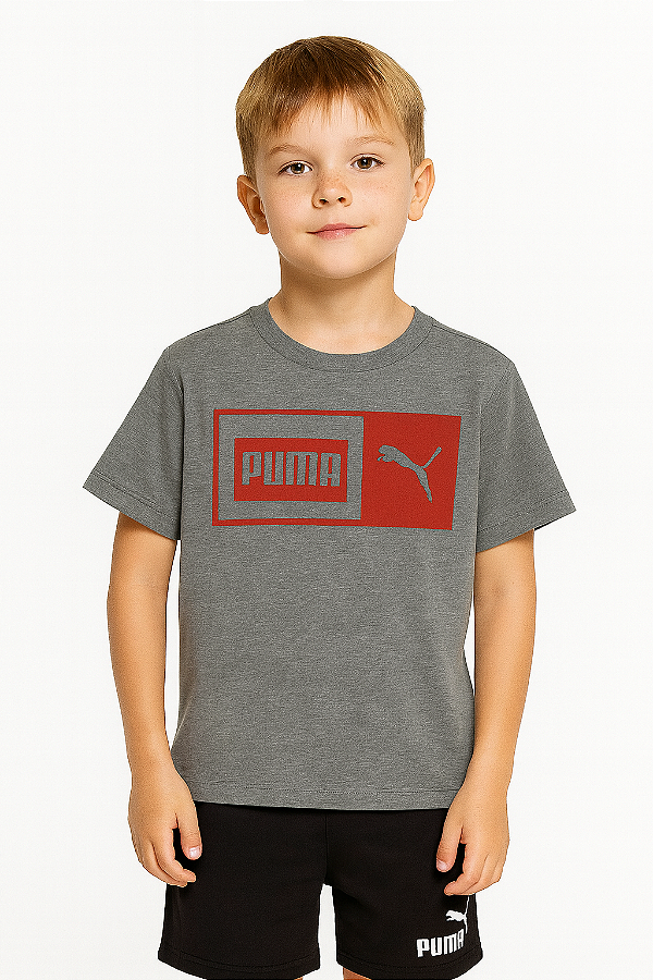 Camiseta Puma Cinza Logo Vermelho Infantil