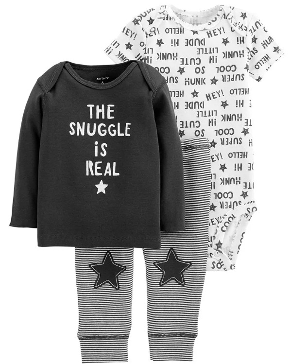 Conjunto 3 Peças Carter’s Infantil – Body, Blusa Manga Longa e Calça Estampada