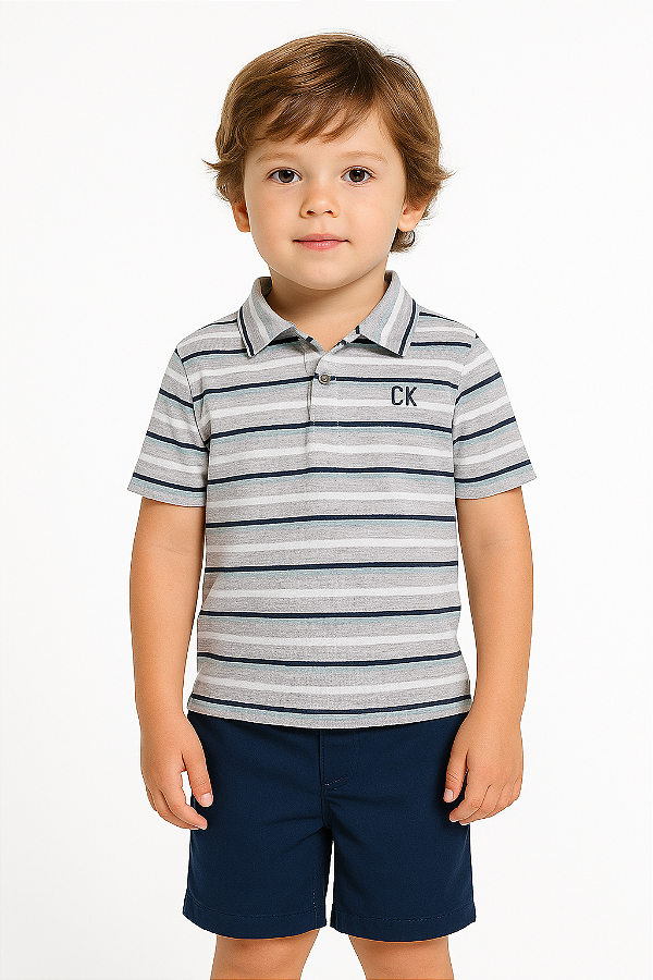 Conjunto Infantil Calvin Klein Polo Listrada + Bermuda Azul