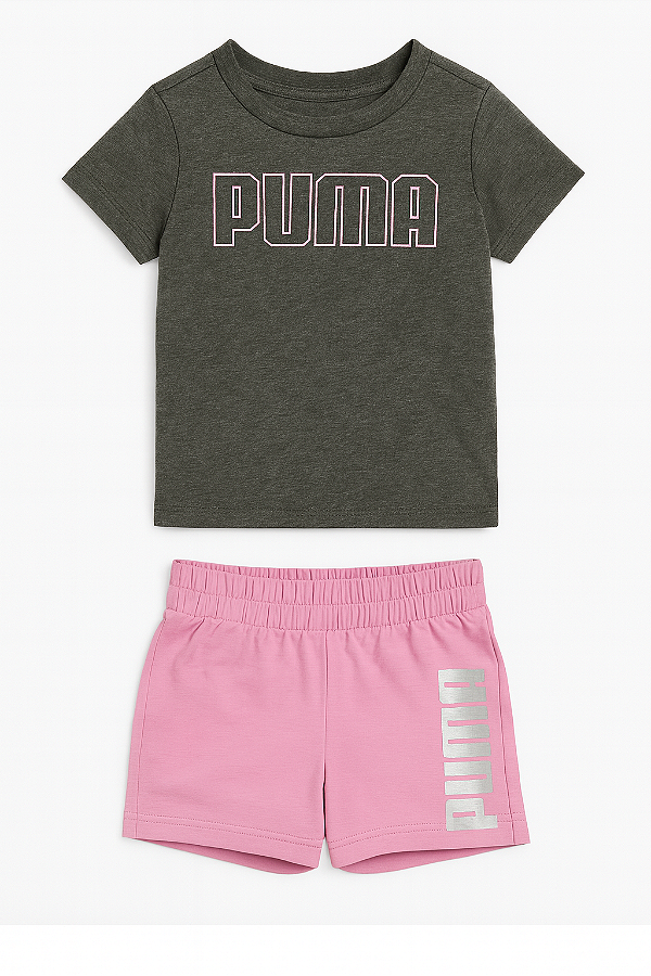 Conjunto Infantil Puma Feminino – Camiseta Cinza e Short Rosa