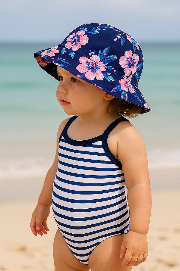 Chapéu Infantil Dupla Face Carter’s – Floral Azul Marinho e Listrado Branco