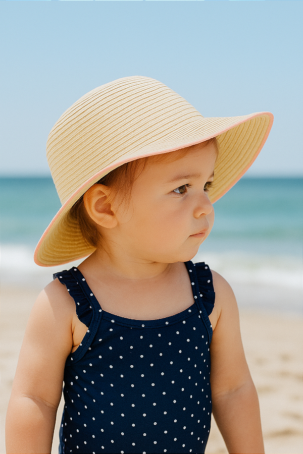 Chapéu Infantil de Palha com Aba Larga – Detalhe Rosa Claro – Carter’s