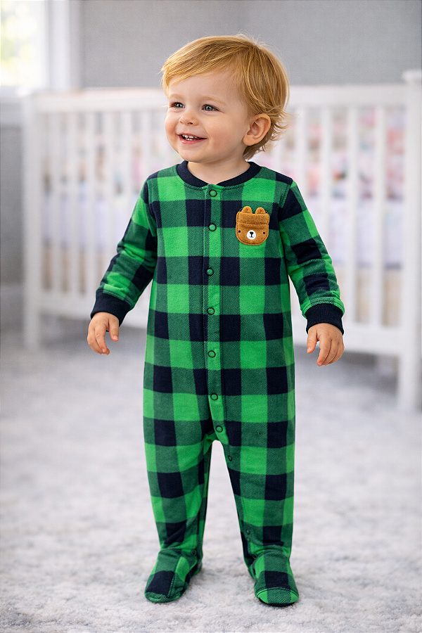 Pijama/Macacão de inverno Carter's (Plush/ Fleece) - Xadrez/ Verde