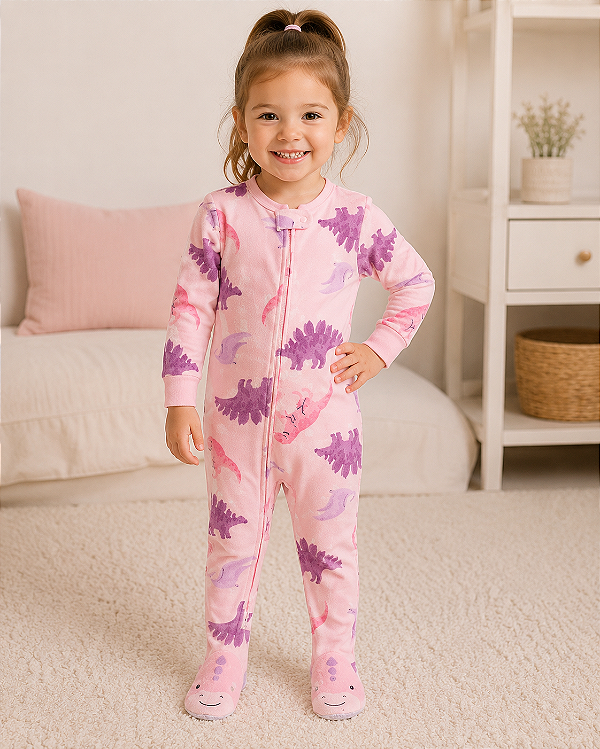 Pijama Macacão Carter's DreamPlush Com Pé Antiderrapante Original - Dinossauro/ Rosa