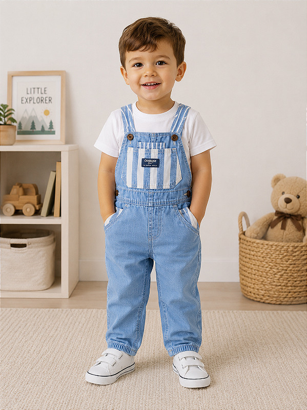 Jardineira OshKosh Infantil Menino Original Verde Água Algodão - Jeans/ Listras
