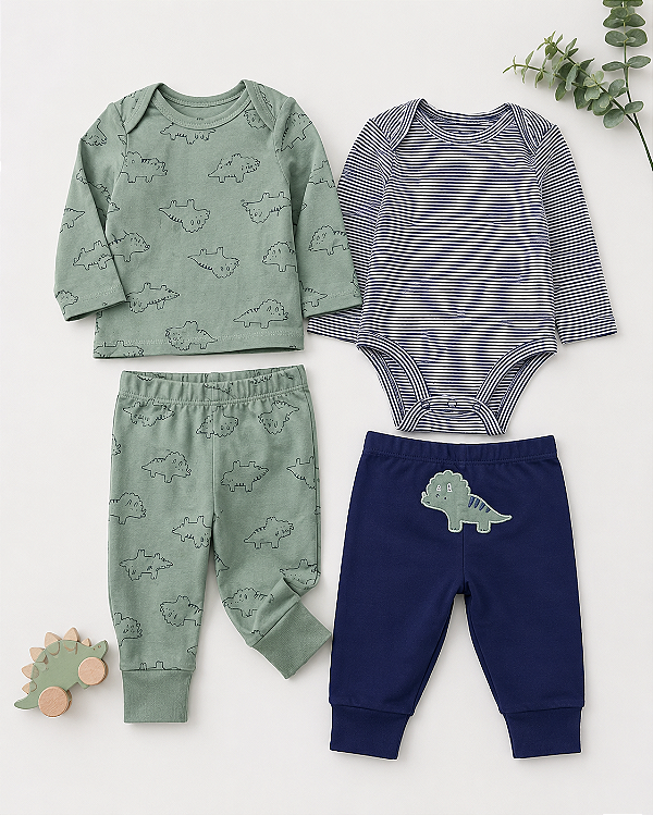 Kit Carter's Bebê Menino 4 Peças Body Calça E Camiseta - Dinossauro