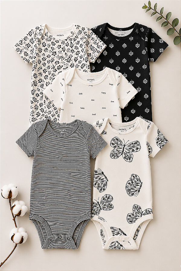 Kit de bodies Carter's - 5 bodies - Creme e Preto