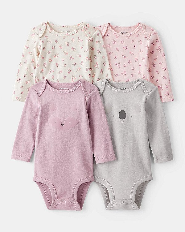 Kit de bodies Carter's - 4 bodies manga longa - Rosa Antigo/ Bege