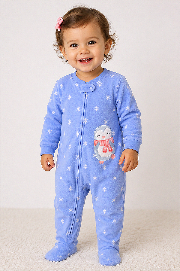Pijama/Macacão de inverno Carter's (Plush/ Fleece) - Pinguim/ Azul