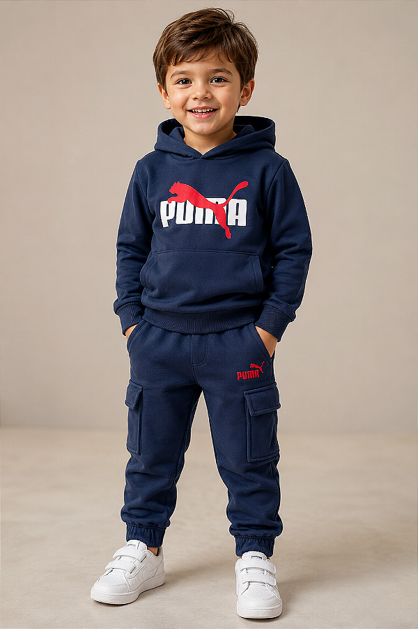 Conjunto Infantil Puma de Moletom Preto – Agasalho e Calça - Azul Marinho