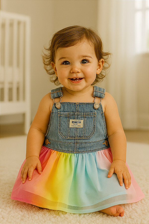 Vestido Infantil OshKosh em Jeans com Saia de Tule Arco-íris