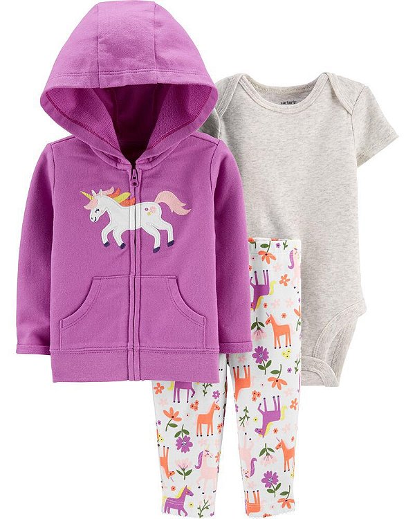 Conjunto Carter's - Casaco com capuz, body e calça  - Unicórnio