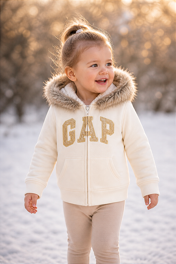 Agasalho Infantil GAP de Moletom Sherpa com Capuz, Zíper e Bolso Canguru - Glamour