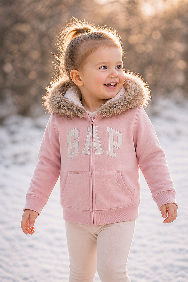 Agasalho Infantil GAP de Moletom Sherpa com Capuz, Zíper e Bolso Canguru - Rosa