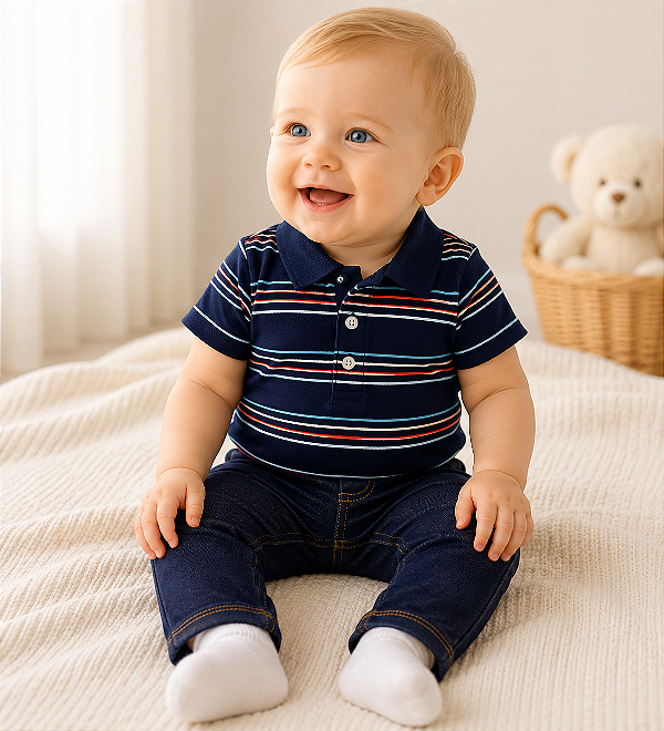 Conjunto Carters - Body gola polo e calça jeans - Listrado