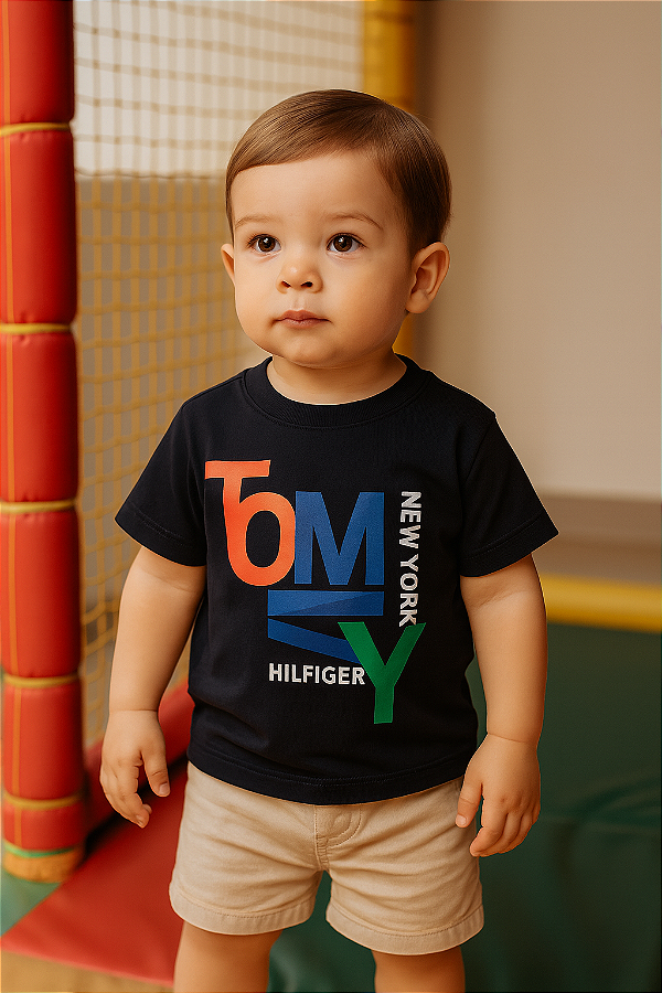 Camiseta Baby Tommy Hilfiger Infantil Estampada Logo Bordado Original - Azul/ Estampa