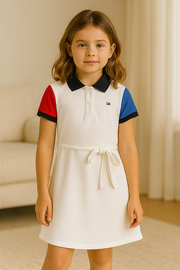 Vestido Infantil Tommy Hilfiger Piquê, Gola Polo - Mangas coloridas/ Branco