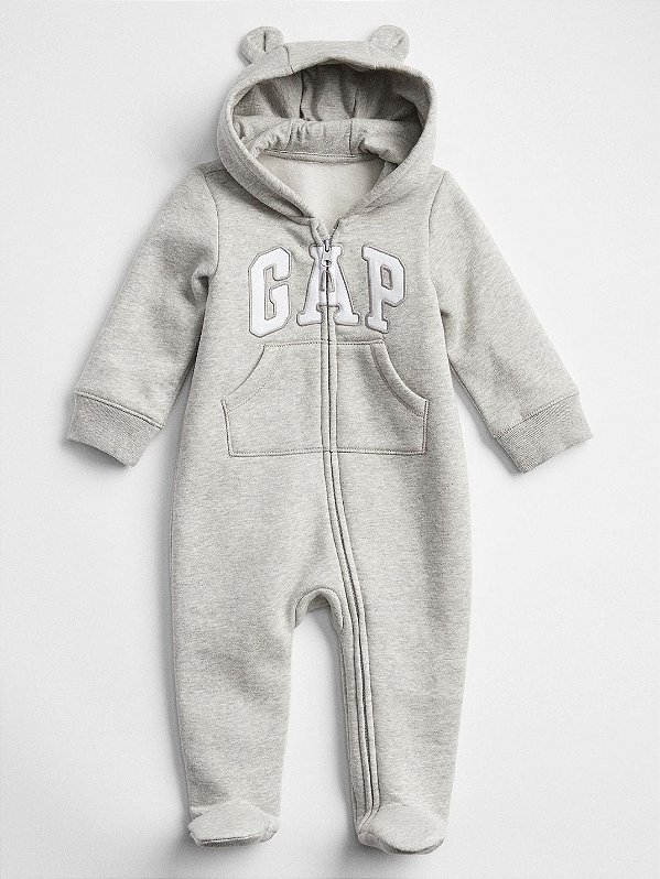 Macacão de inverno GAP Flanelado, com capuz e orelhas de ursinho - Cinza
