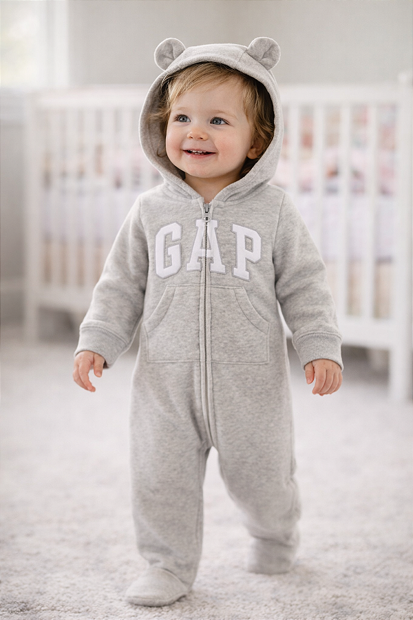 Macacão de inverno GAP Flanelado, com capuz e orelhas de ursinho - Cinza