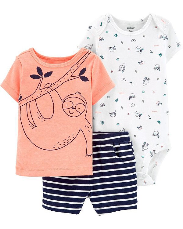 Conjunto Carter's - Camisa, body e short - Bicho Preguiça