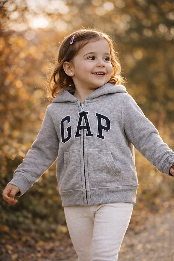 Agasalho Infantil GAP de Moletom Flanelado com Capuz, Zíper Frontal e Bolso Canguru - Cinza