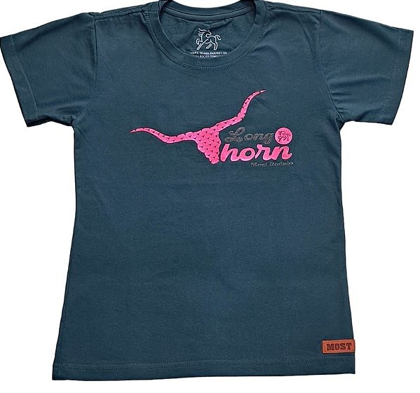 Camiseta  Feminina  Long Horn Verde Petróleo com Pink