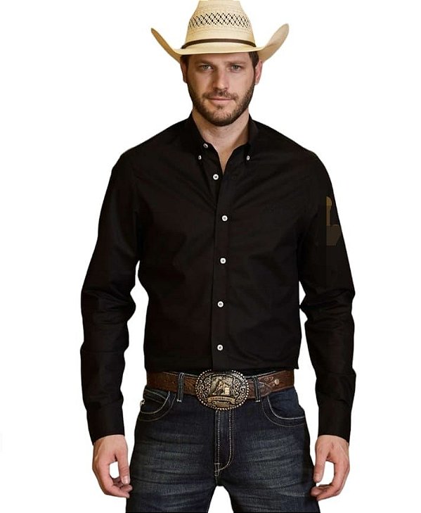 Camisa Masculina  Self Western M Longa Preta
