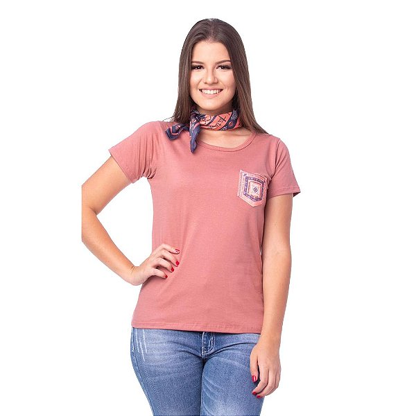 Camiseta de Malha Feminina com Bolso Frontal Salmão Tatanka