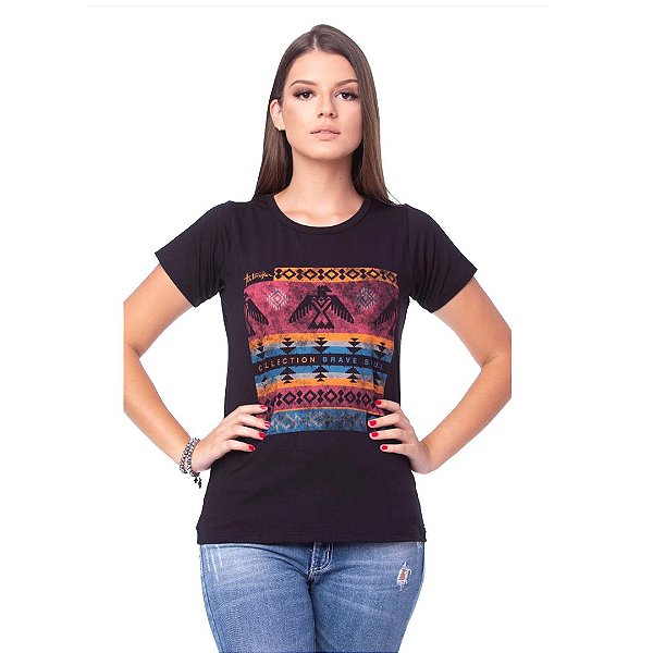 Camiseta de Malha Feminina Baby Look com Estampa Preta Tatanka