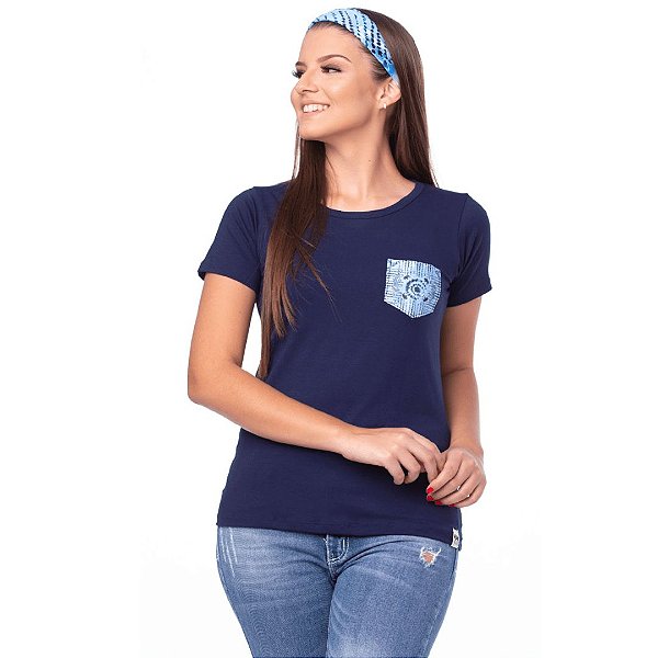 Camiseta de Malha Feminina com Bolso Frontal Azul Tatanka