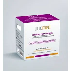 Seringa de Insulina 0,3ml Agulha 5x0,23mm 32G - 100un - Uniqmed