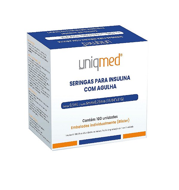 Seringa Insulina 0,5ml Estéril Agulha 6x0,25mm 31G Cx 100un - UniqMed