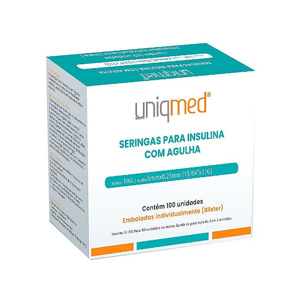 Seringa Insulina 1ml Estéril Agulha 6x0,25mm 31G - Cx 100un - UniqMed