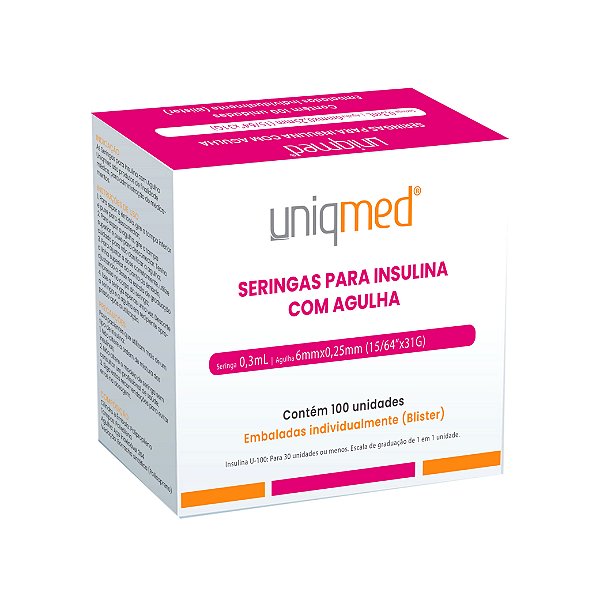 Seringa Insulina 0,3ml Estéril Agulha 6x0,25mm 31G - Cx 100un - UniqMed
