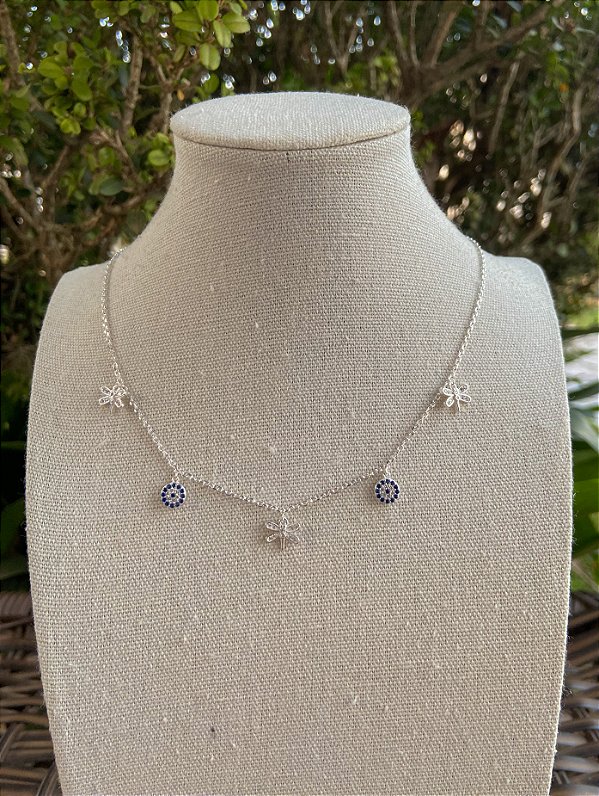 COLAR PRATA OLHO GREGO CRAVEJADO LIBELULA CRAVEJADA PRATA 925