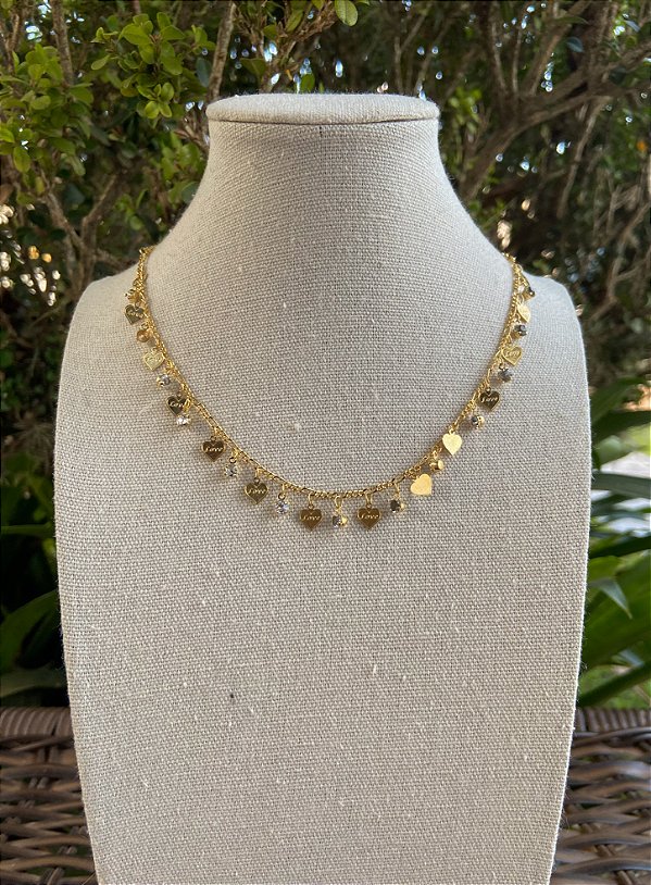 COLAR DOURADO ZIRCONIA E CORACOES