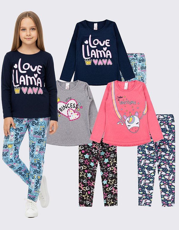 KIT 3 CONJUNTOS COM CALÇA LEGGING MENINA INVERNO (ESTAMPAS SORTIDAS)