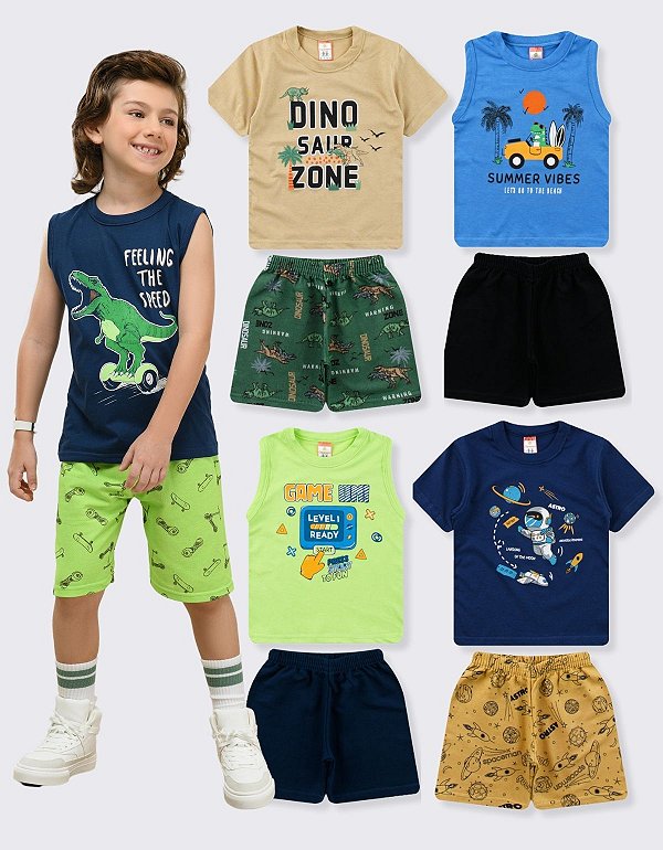 KIT 4 CONJUNTOS INFANTIL MENINO VERÃO (ESTAMPAS SORTIDAS)
