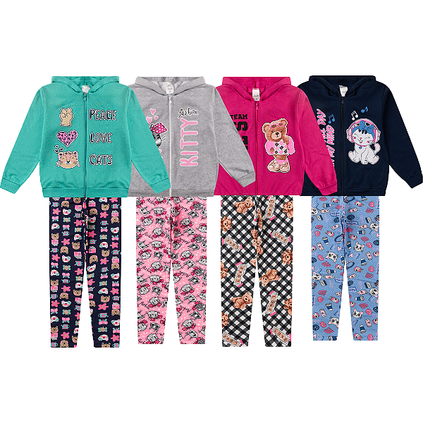KIT 4 CONJUNTOS MOLETOM INFANTIL COM ZIPER MENINA INVERNO (ESTAMPAS SORTIDAS)
