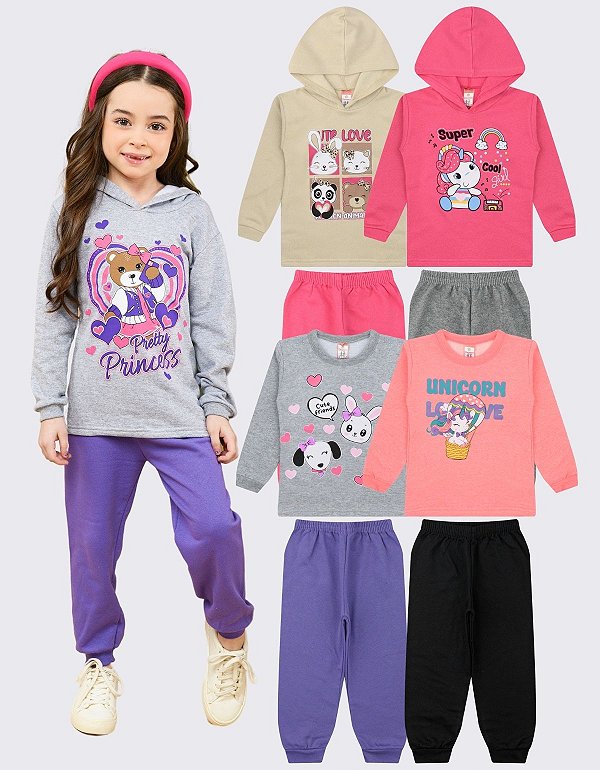 KIT 4 CONJUNTOS MOLETOM INFANTIL MENINA INVERNO (ESTAMPAS SORTIDAS)