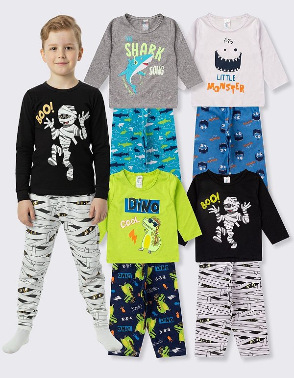 KIT 4 PIJAMAS MANGA LONGA INFANTIL MENINO INVERNO (ESTAMPAS SORTIDAS)