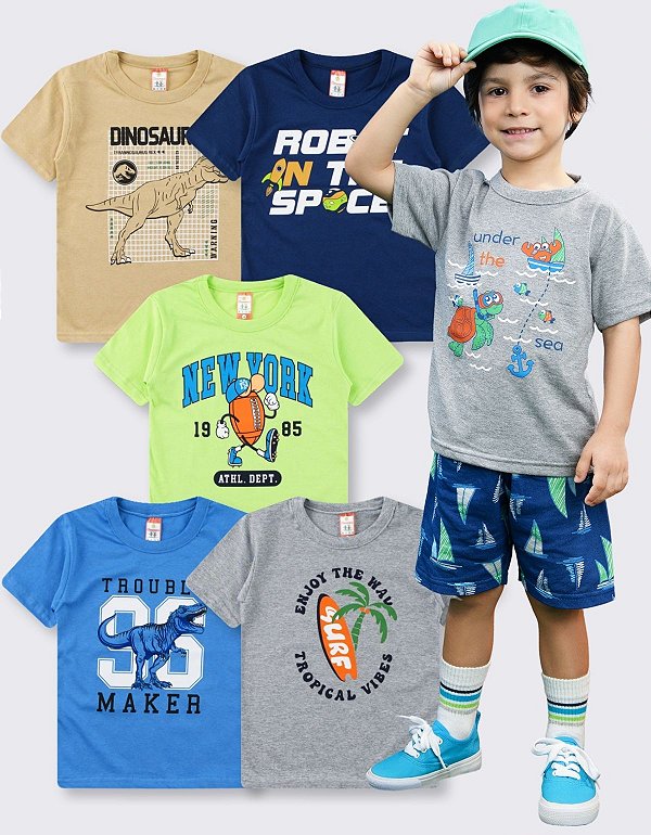 KIT 5 CAMISETAS MANGA CURTA INFANTIL MENINO VERÃO (ESTAMPAS SORTIDAS)