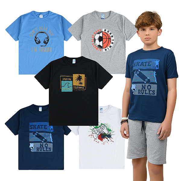 KIT 5 CAMISETAS MANGA CURTA JUVENIL MENINO VERÃO (ESTAMPAS SORTIDAS)