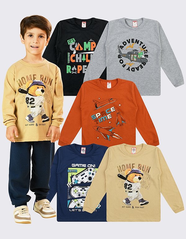 KIT 5 CAMISETAS MANGA LONGA INFANTIL MENINO INVERNO (ESTAMPAS SORTIDAS)