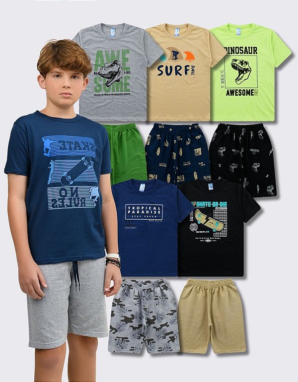 KIT 5 CONJUNTO JUVENIL MENINO VERÃO (ESTAMPAS SORTIDAS)