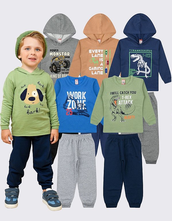 KIT 5 CONJUNTOS MOLETOM INFANTIL MENINO INVERNO (ESTAMPAS SORTIDAS)