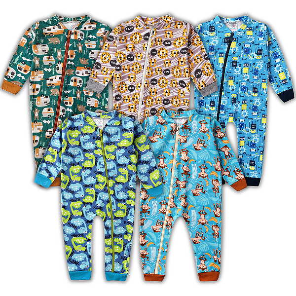 KIT 5 MACACÃO BEBE MENINO COM ABERTURA DE ZIPER MANGA LONGA (ESTAMPAS SORTIDAS)