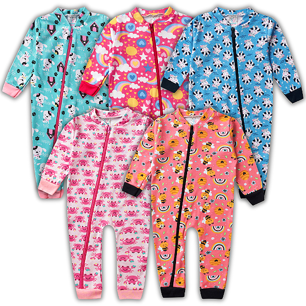 KIT 5 MACACÃO BEBE ABERTURA COM ZIPER MENINA MANGA LONGA (ESTAMPAS SORTIDAS)